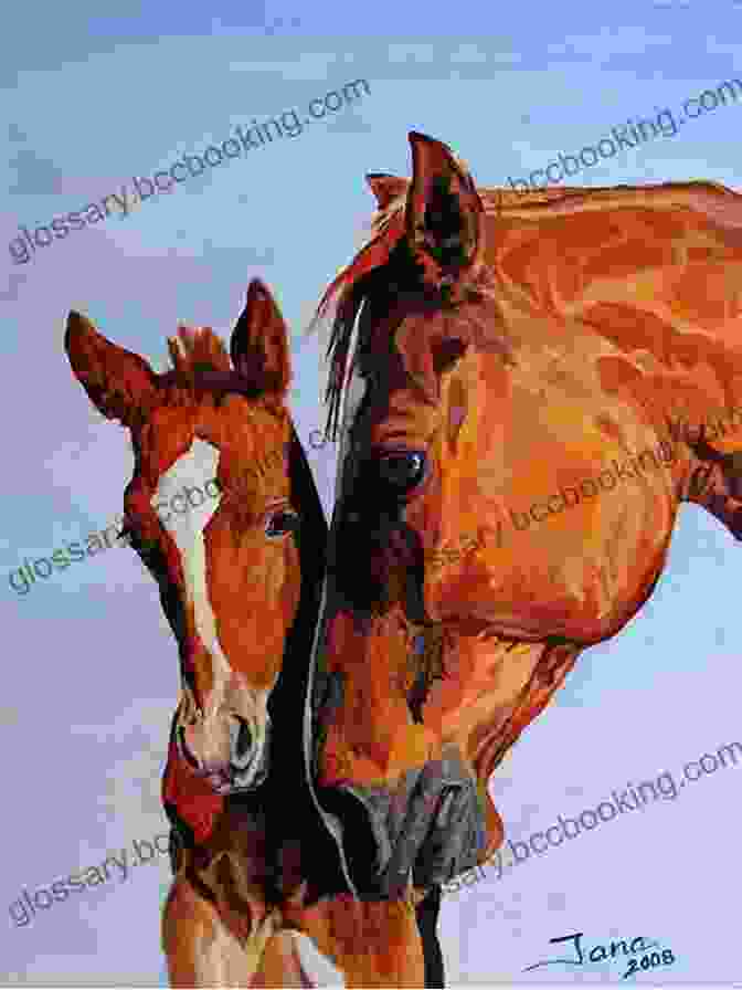 A Serene Acrylic Painting Of A Grazing Mare And Her Foal, Gentle Curves And Soft Colors Conveying The Tender Bond Between Mother And Child. Horses A Collection Of Acrylic Paintings Of Horses